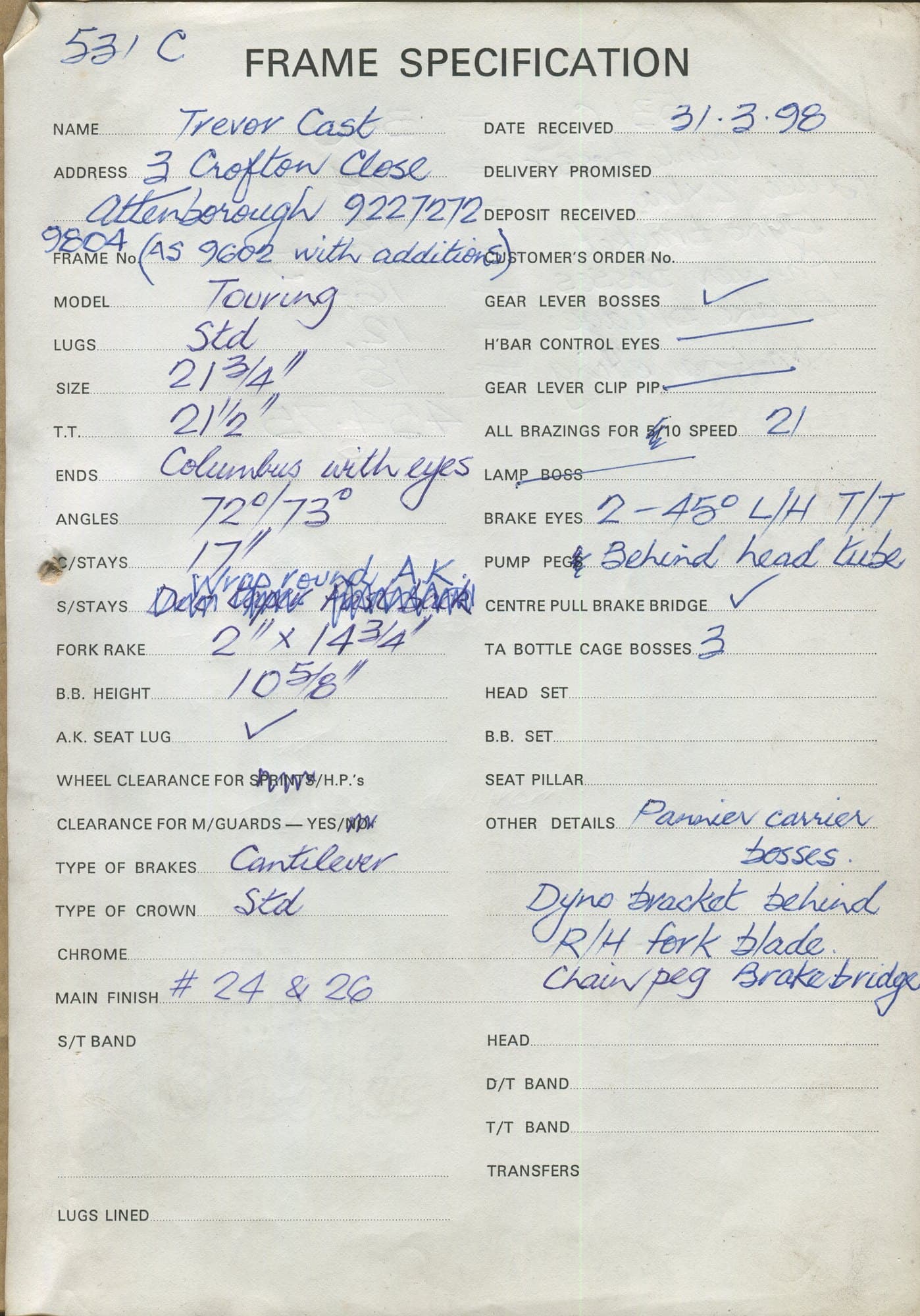 Workshop sheet for Superbe frame 9804