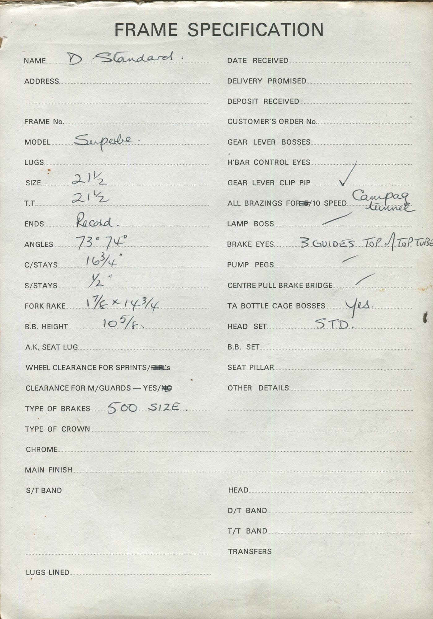 Workshop sheet for Superbe frame u84-b