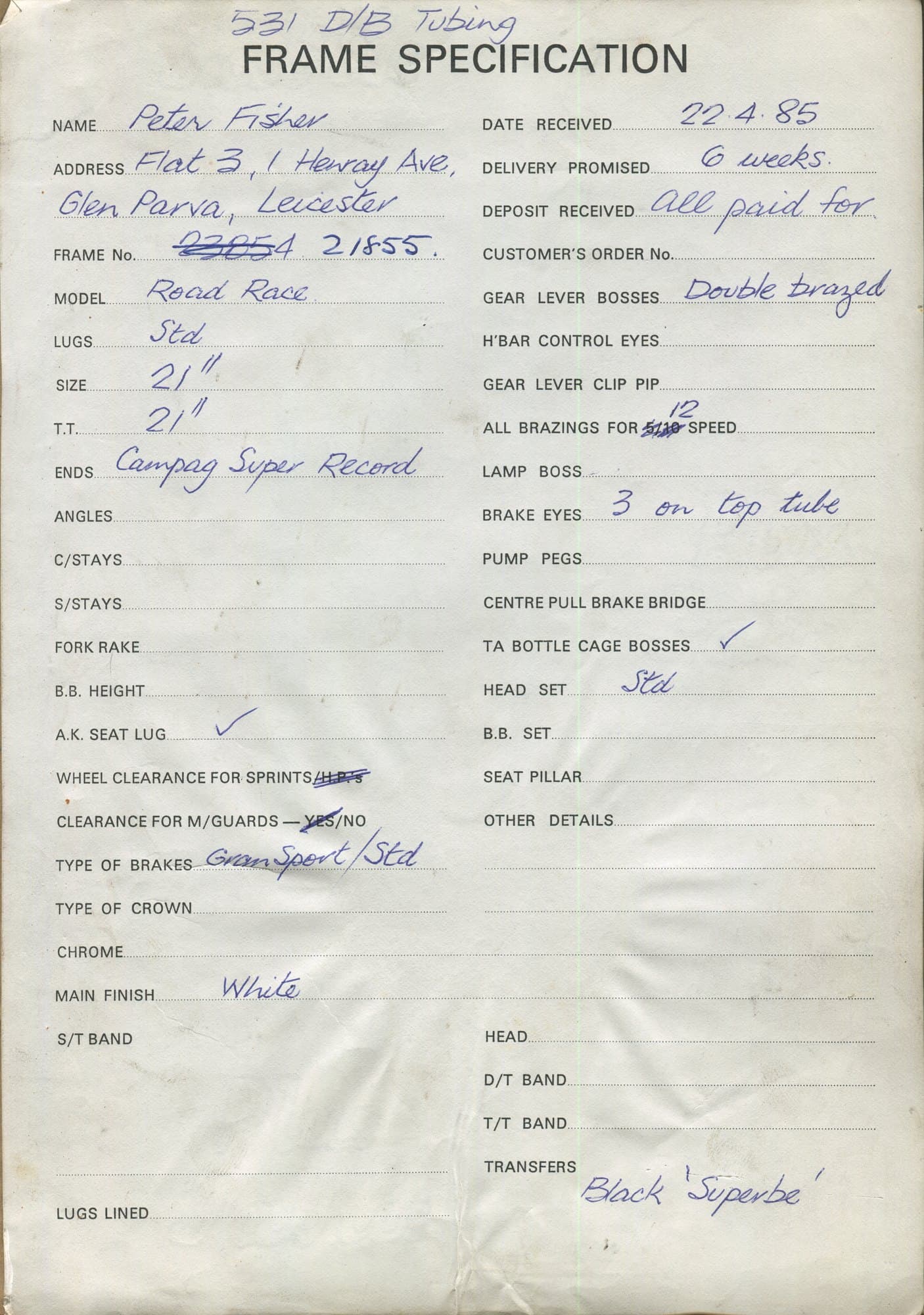 Workshop sheet for Superbe frame u85-2
