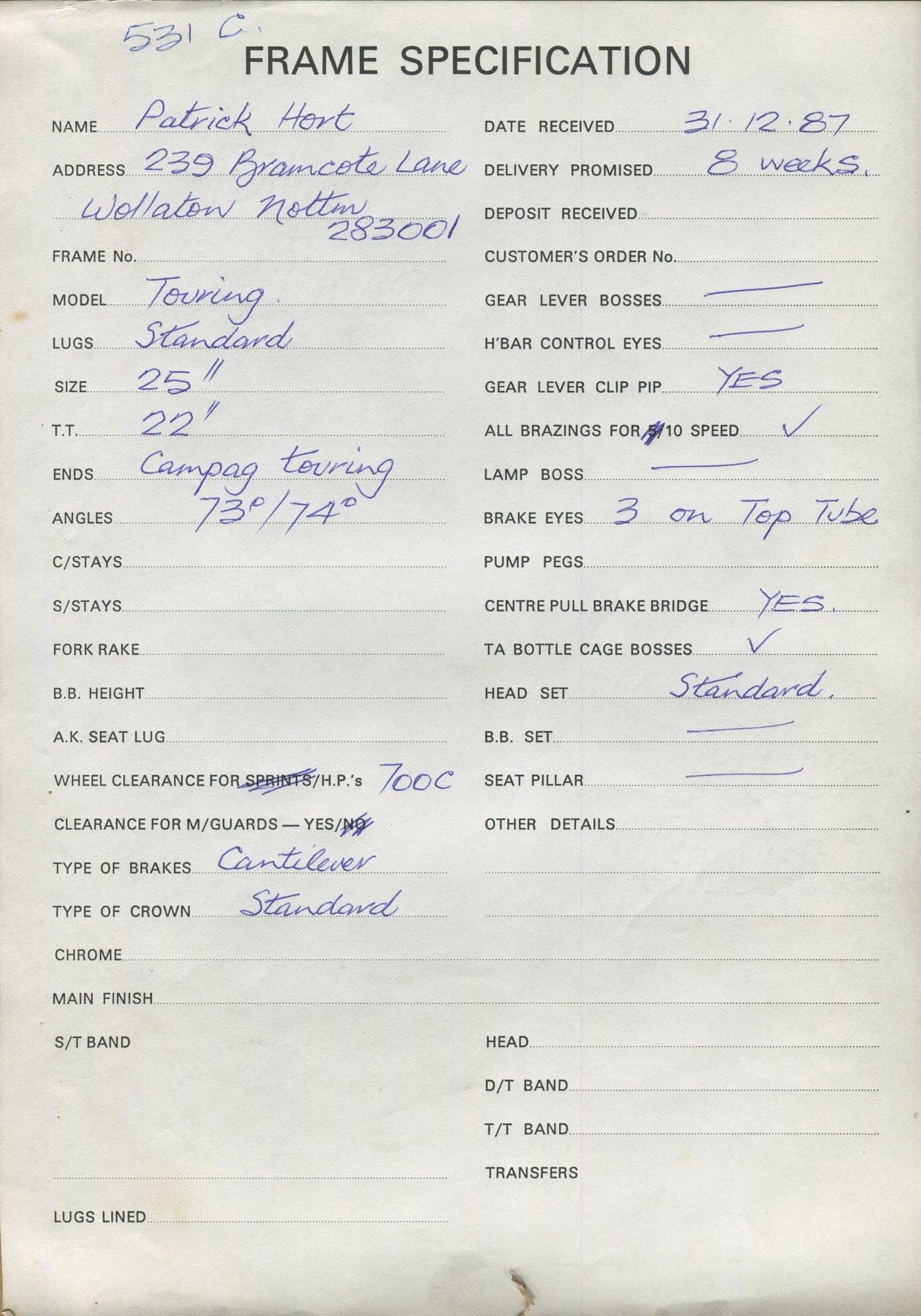 Workshop sheet for Superbe frame u87-1