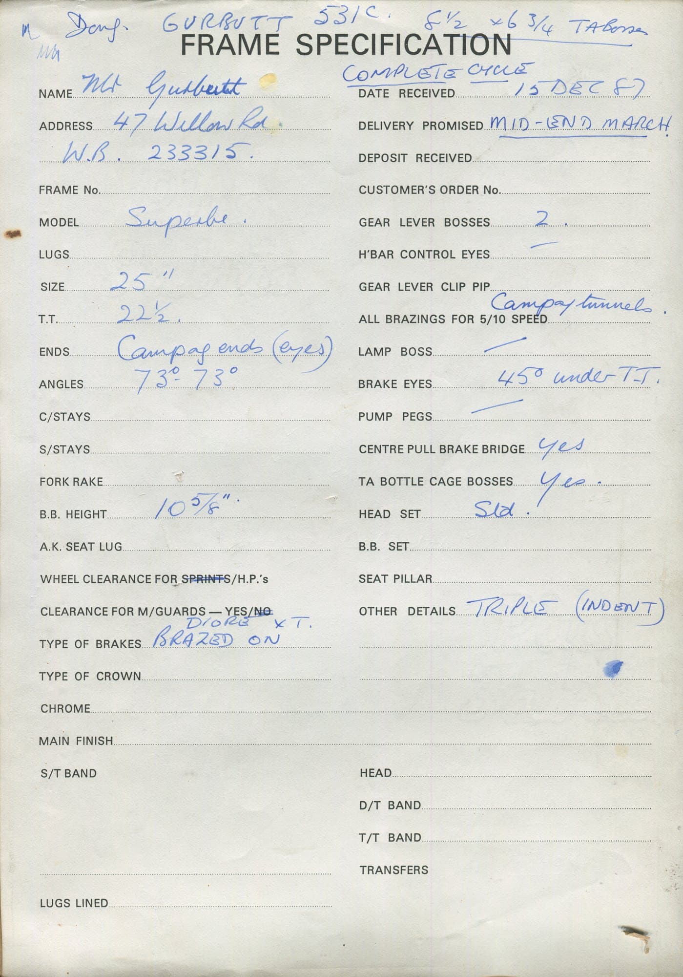 Workshop sheet for Superbe frame u87-2