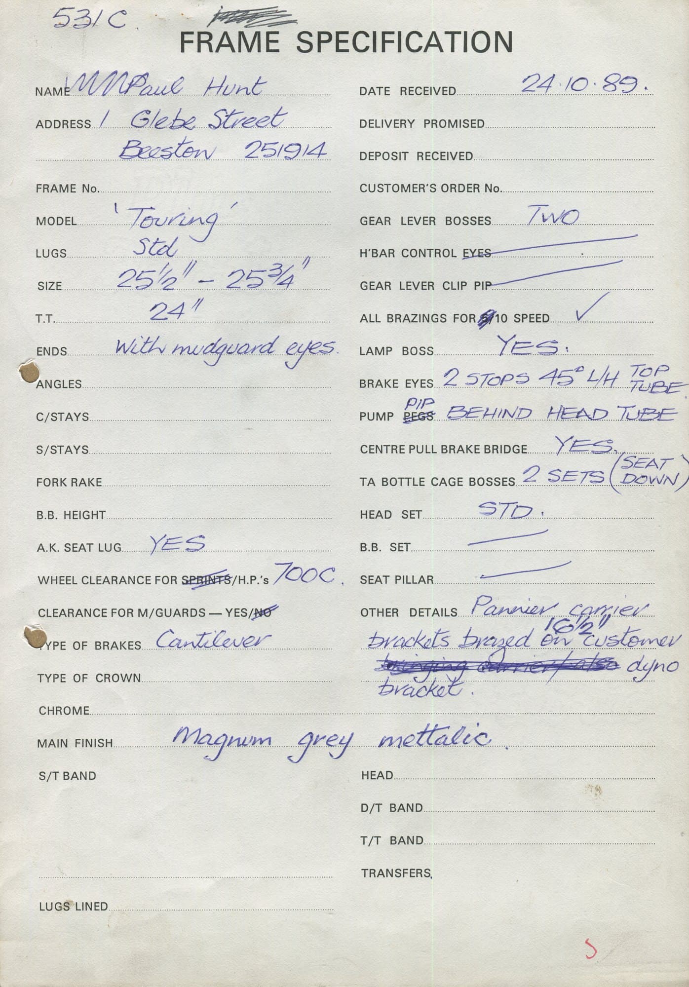 Workshop sheet for Superbe frame u89-1