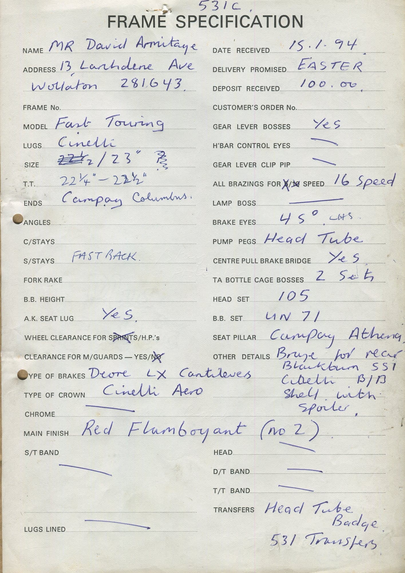 Workshop sheet for Superbe frame u94-1