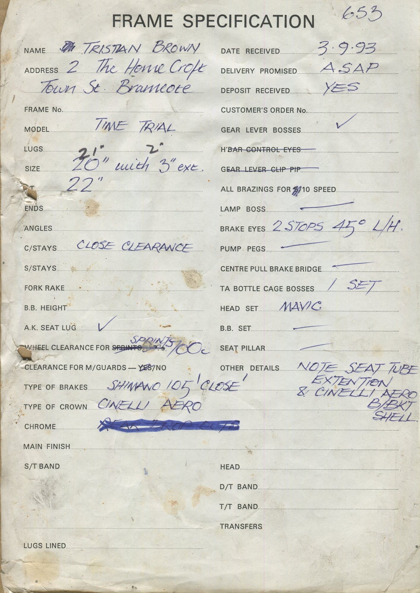 Workshop sheet for Superbe frame u95-3