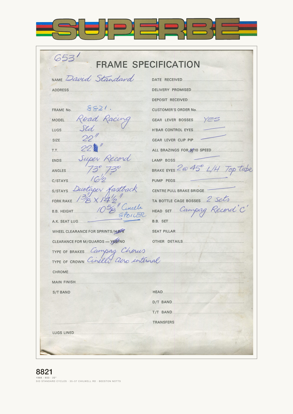 The 8821 worksheet print: the Superbe transfer above the frame specification sheet, with the frame number and its build below.